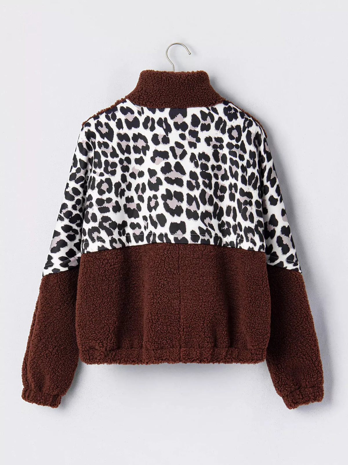 Leopard-patch fleece jacket, brown leopard jacket hanging back