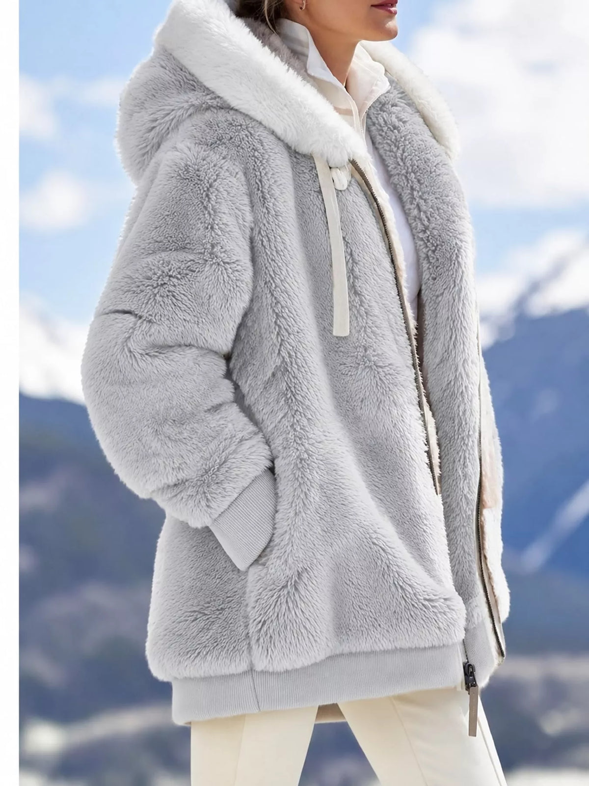 Gray with white hood trim faux fur zip up hooded jacket, side view
