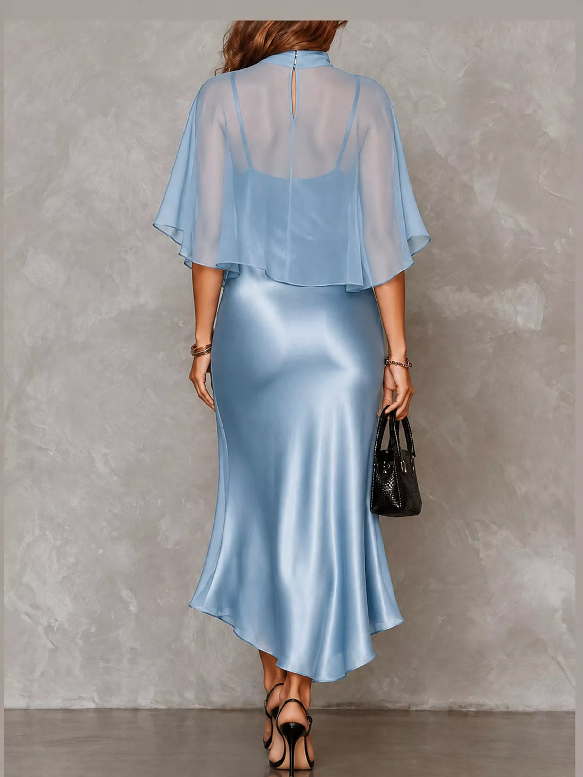 Light blue satin cami dress and sheer cover up set — back view