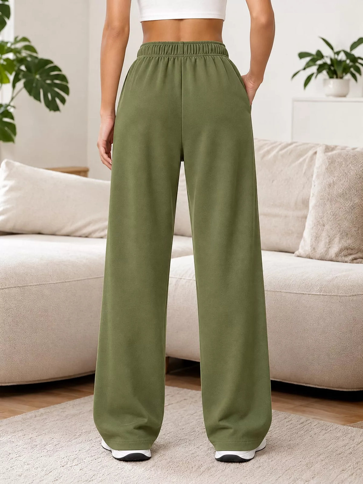 Olive wide-leg pants with drawstring, back view