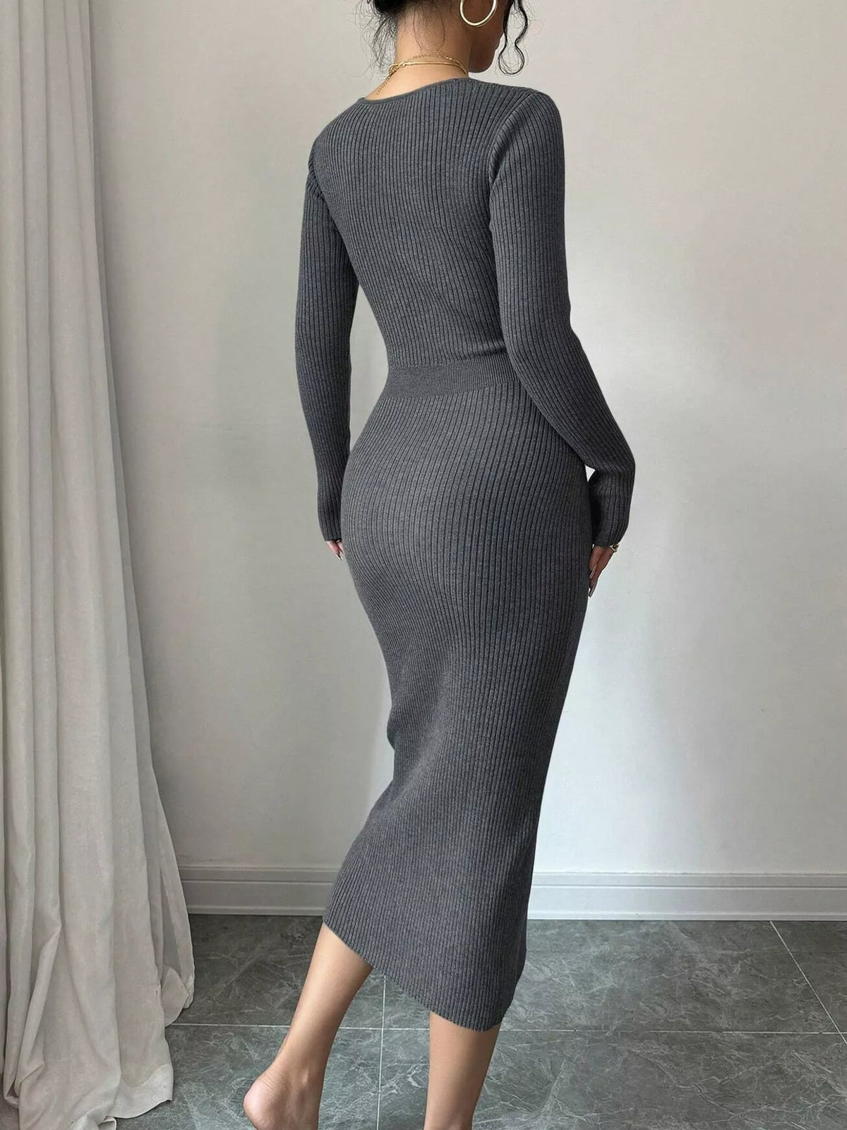 Dark gray decorative button ribbed knit sweater dress, back view