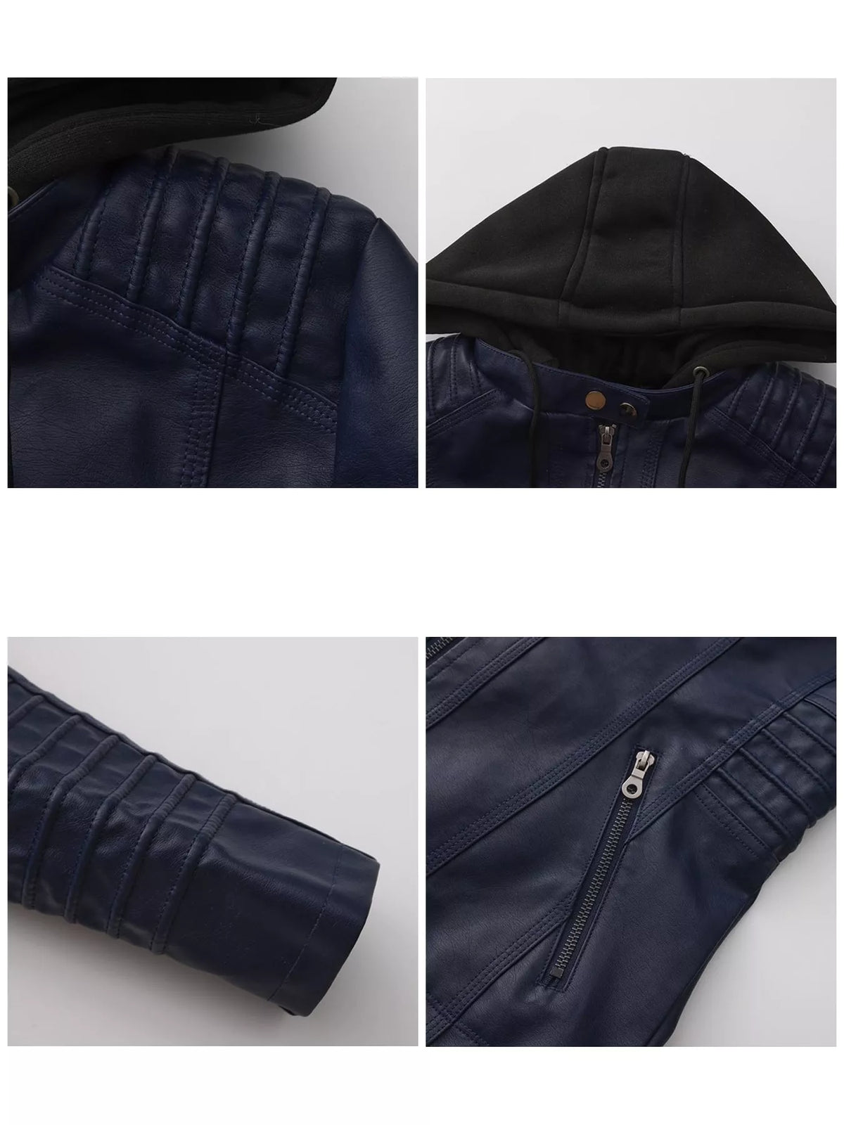 Hooded faux-leather jacket, navy hood shoulder sleeve and pocket details
