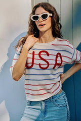 Trendsi SO ME Usa Stripe Knit Short Sleeves Sweater Top -