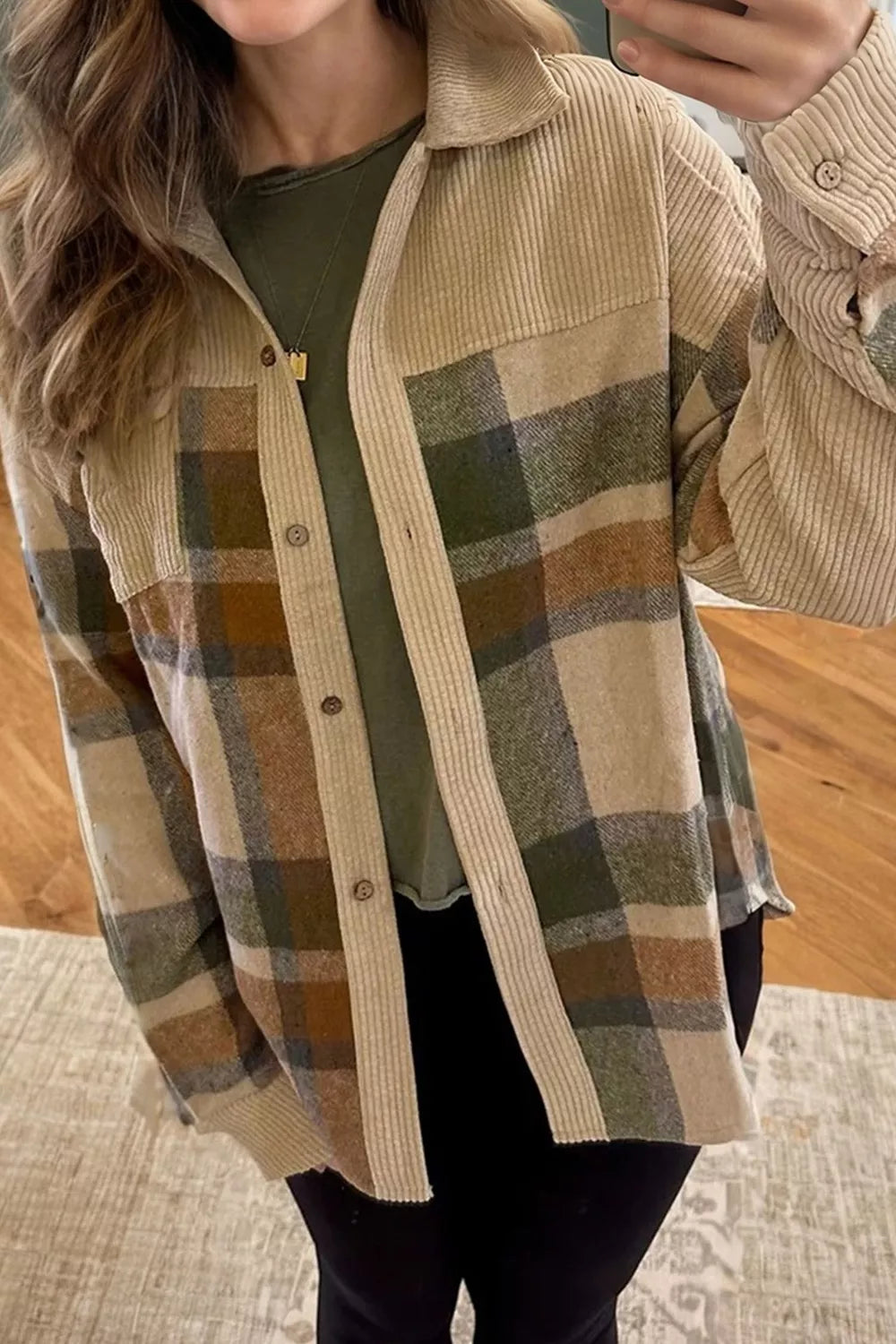 Trendsi Retro Plaid Corduroy Patchwork Shacket -