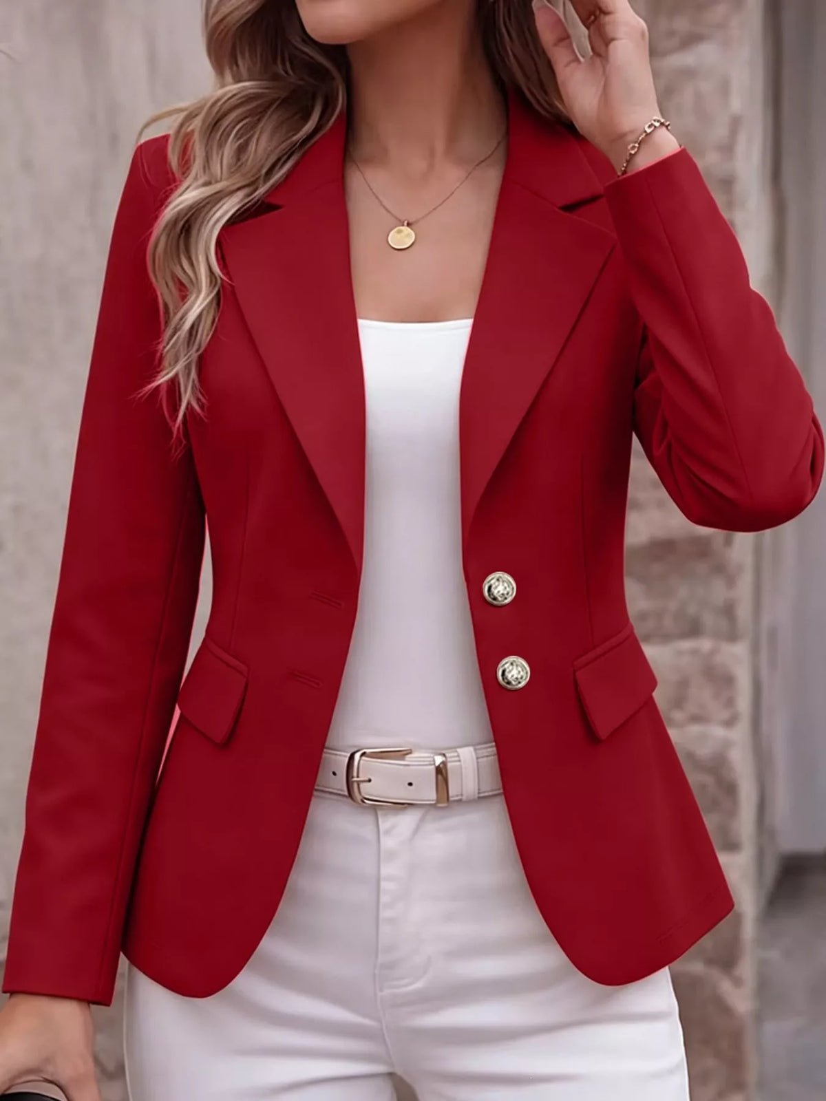 Collared long sleeve blazer, front view on model