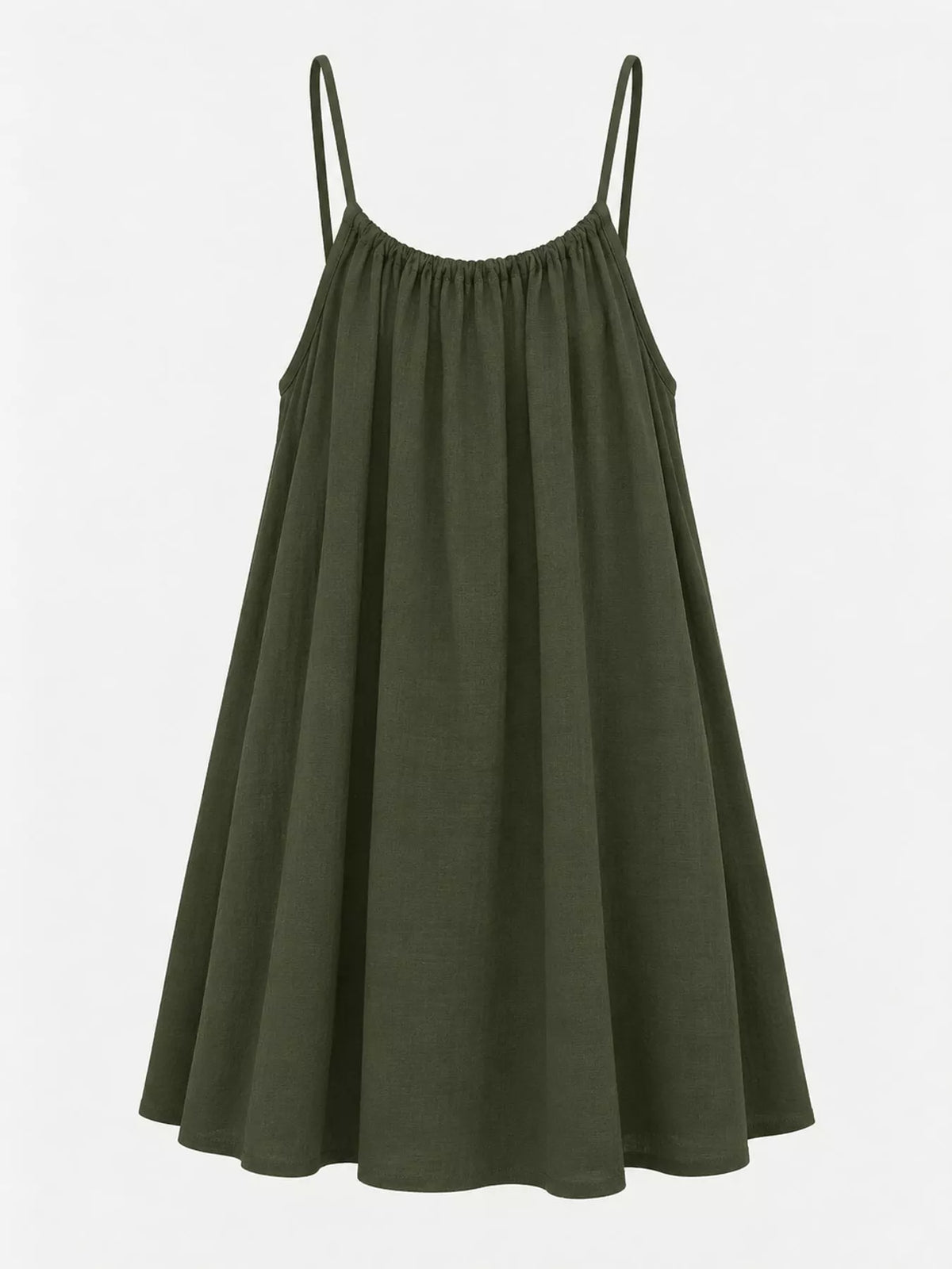 Dark olive spaghetti strap A-line mini dress with open tie back