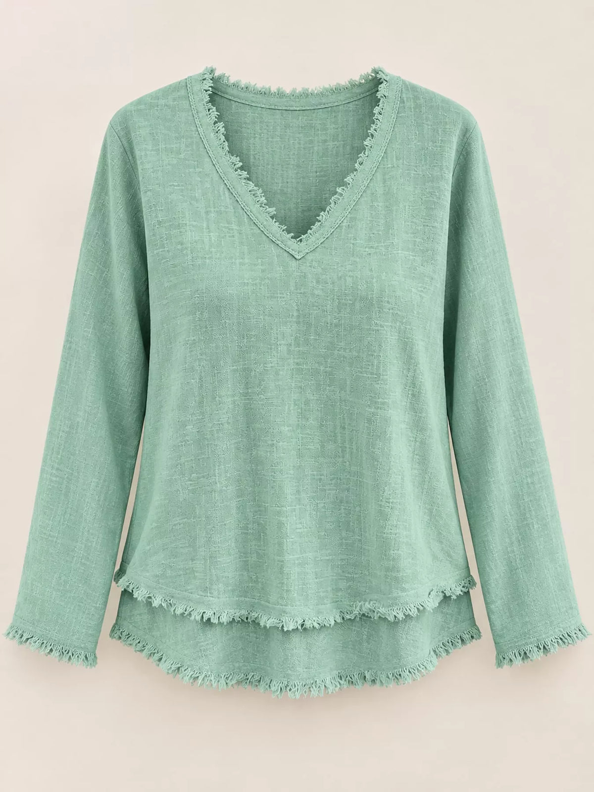 Frayed V-neck blouse, sage flat lay