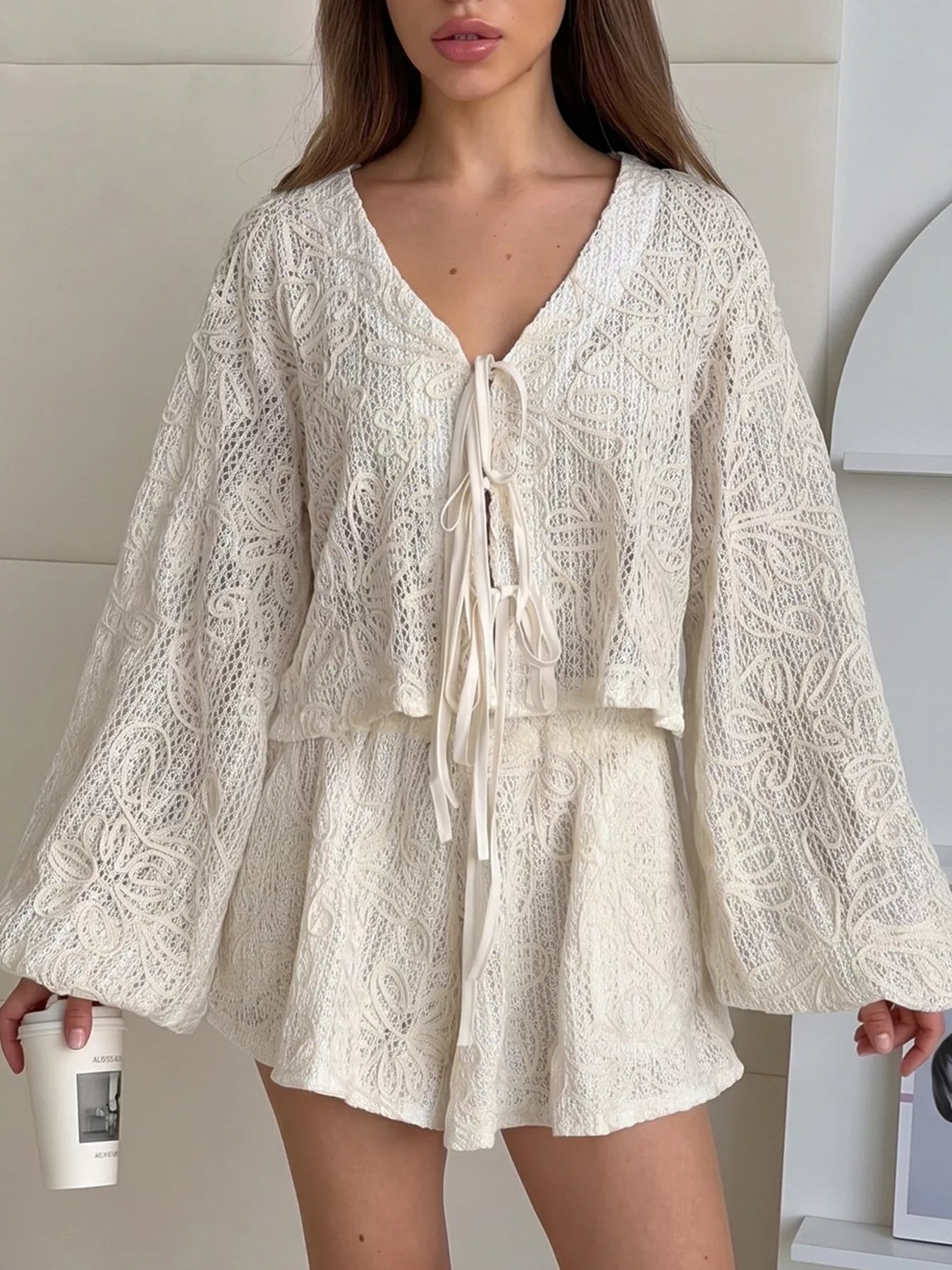 Trendsi Lace Crochet Tie Front Top and Shorts Two-Piece Lounge Set -