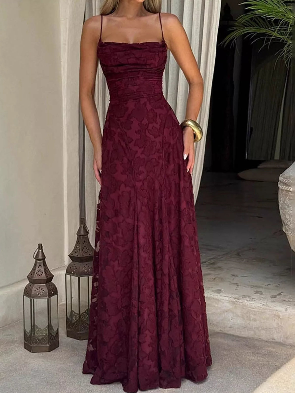 Burgundy backless lace maxi dress, front view