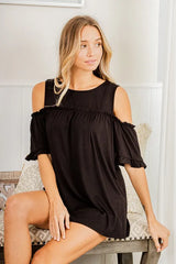 Trendsi Women’s Frill Round Neck Cold Shoulder Tee Spandex Plus Size - Shirts