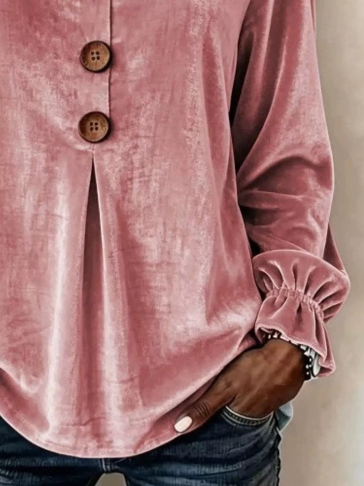 Pink velvet balloon-sleeve blouse, cuff and button detail