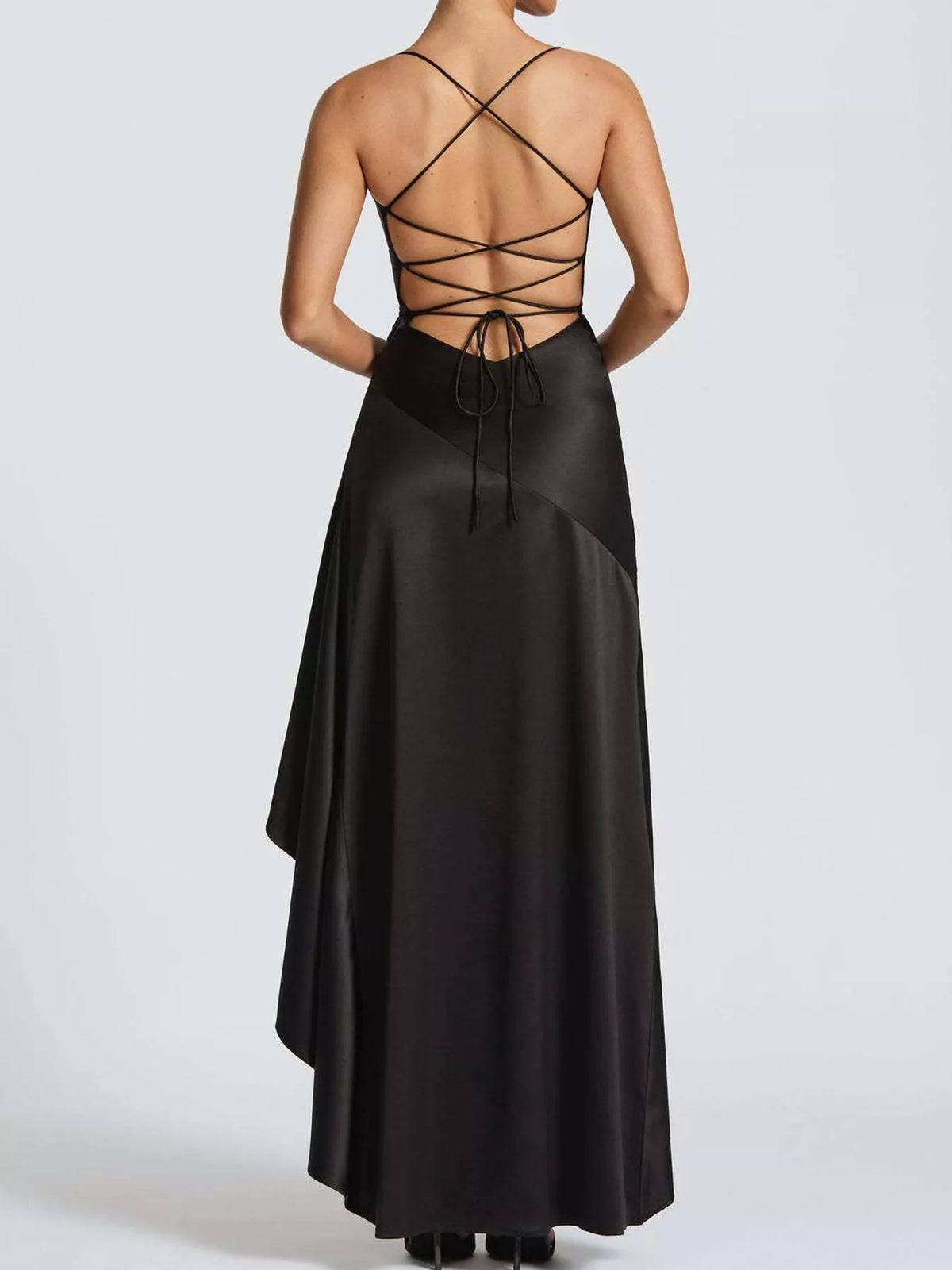 Black high-low ruffle-hem evening dress, lace-up back view