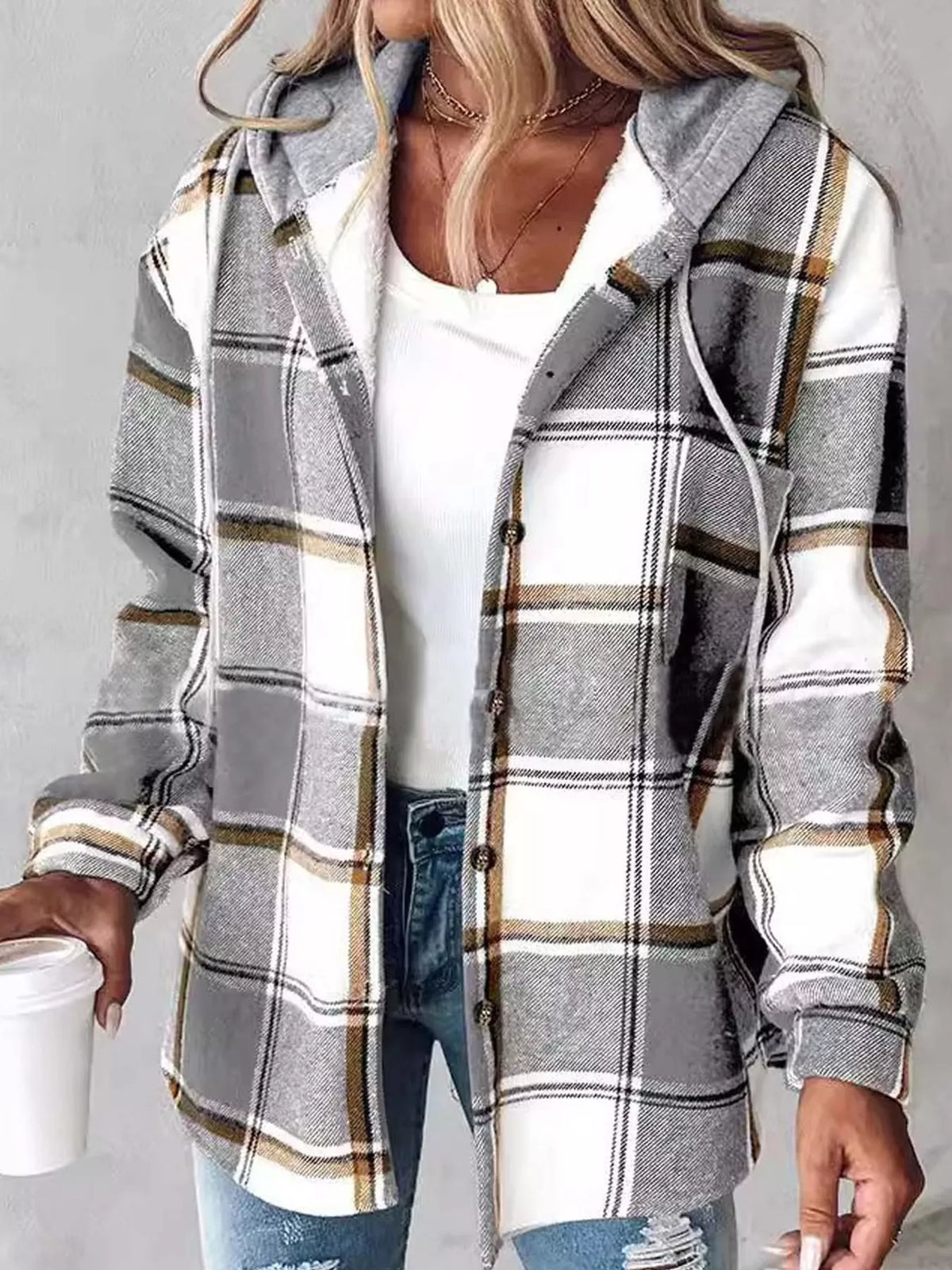 Button-Down Printed Contrast Hooded Shacket — front view