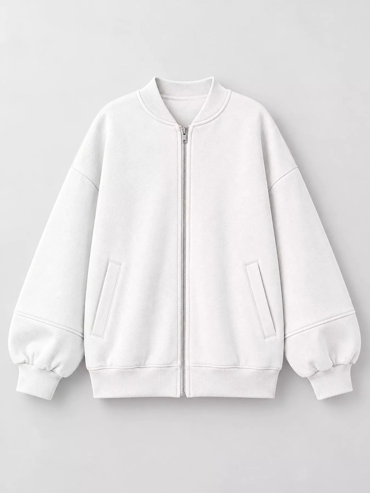 White oversized zip-up jacket — front view