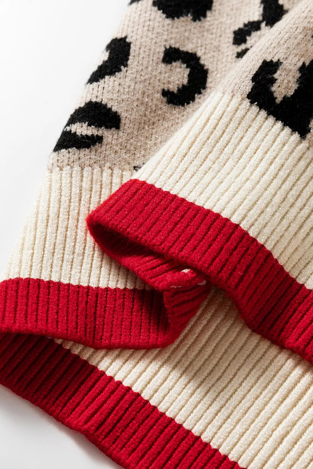 Trendsi Leopard Pattern V-Neck Contrast Rib Knitted Sweater -