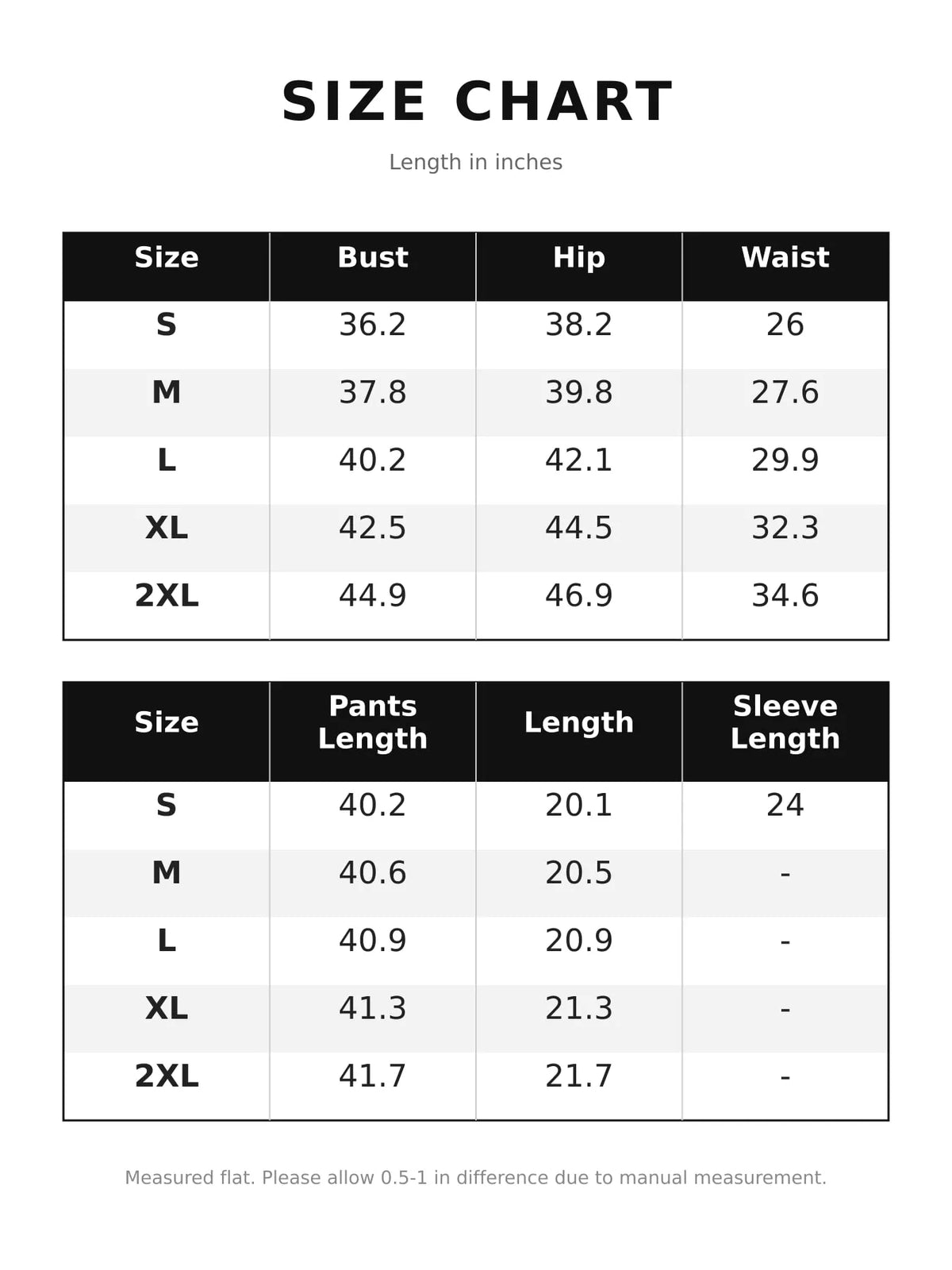 Hoodie and Flare Pants Set — size and measurement chart