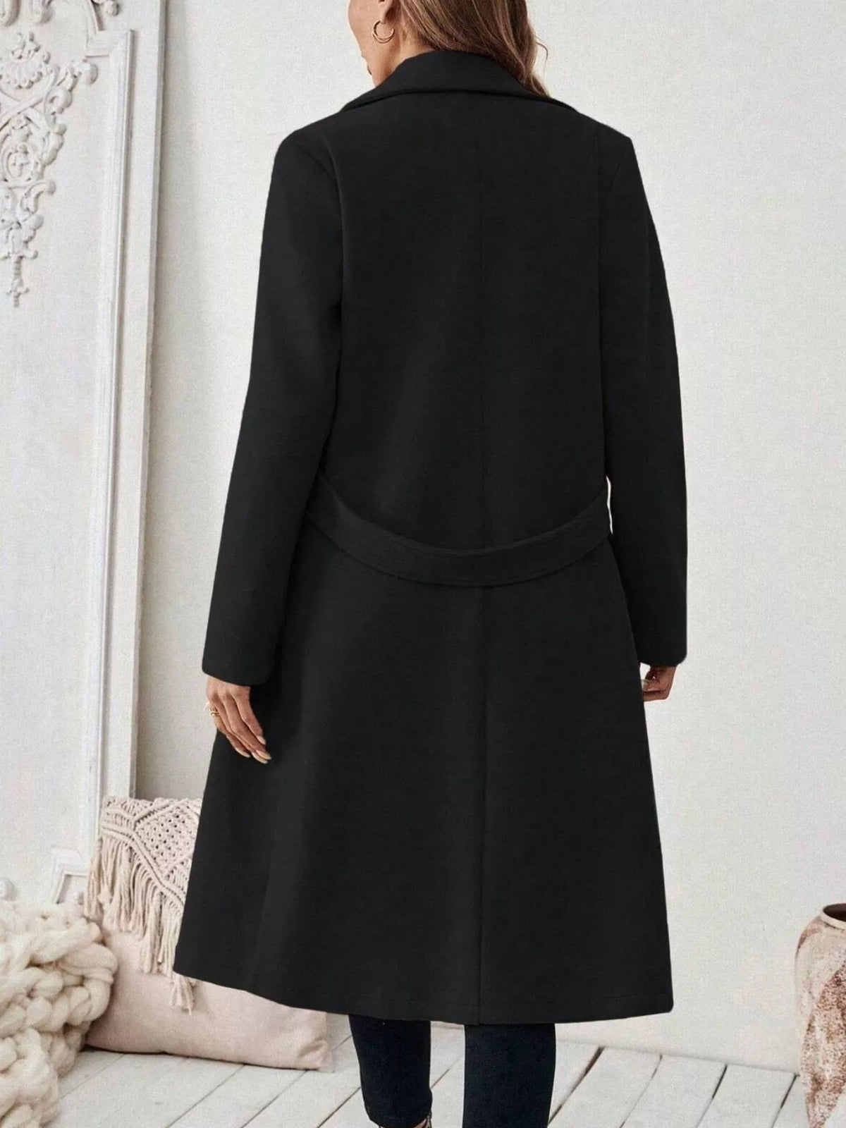 Black lapel-collar longline coat, back view