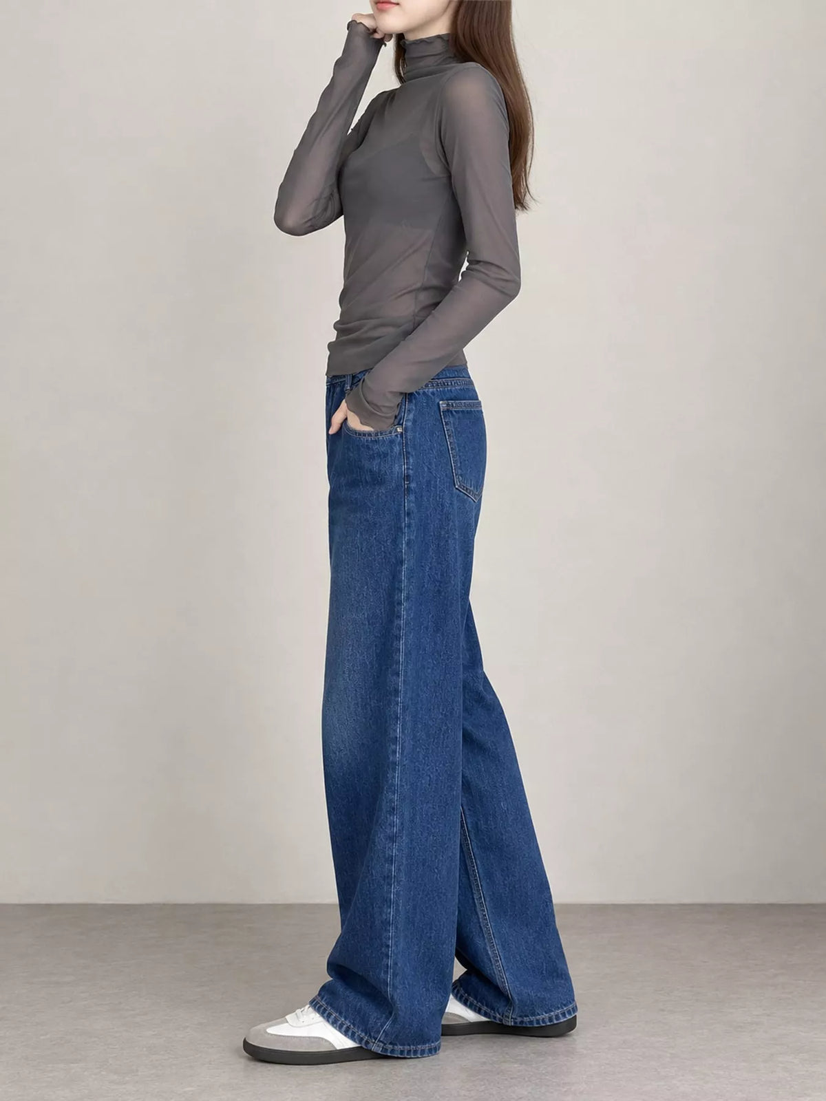 Gray sheer turtleneck mesh t-shirt, side view