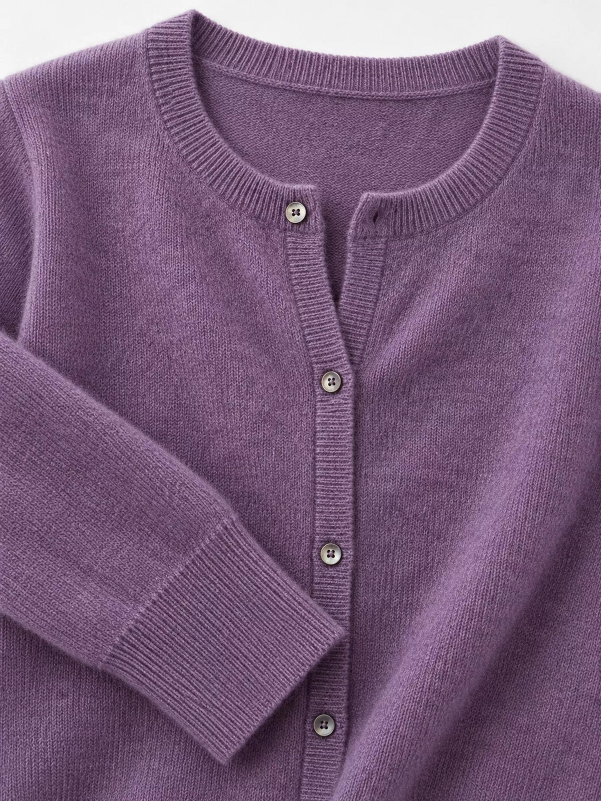 Women's Crew Neck Button-Down Knit Cardigan in purple — detail collage view