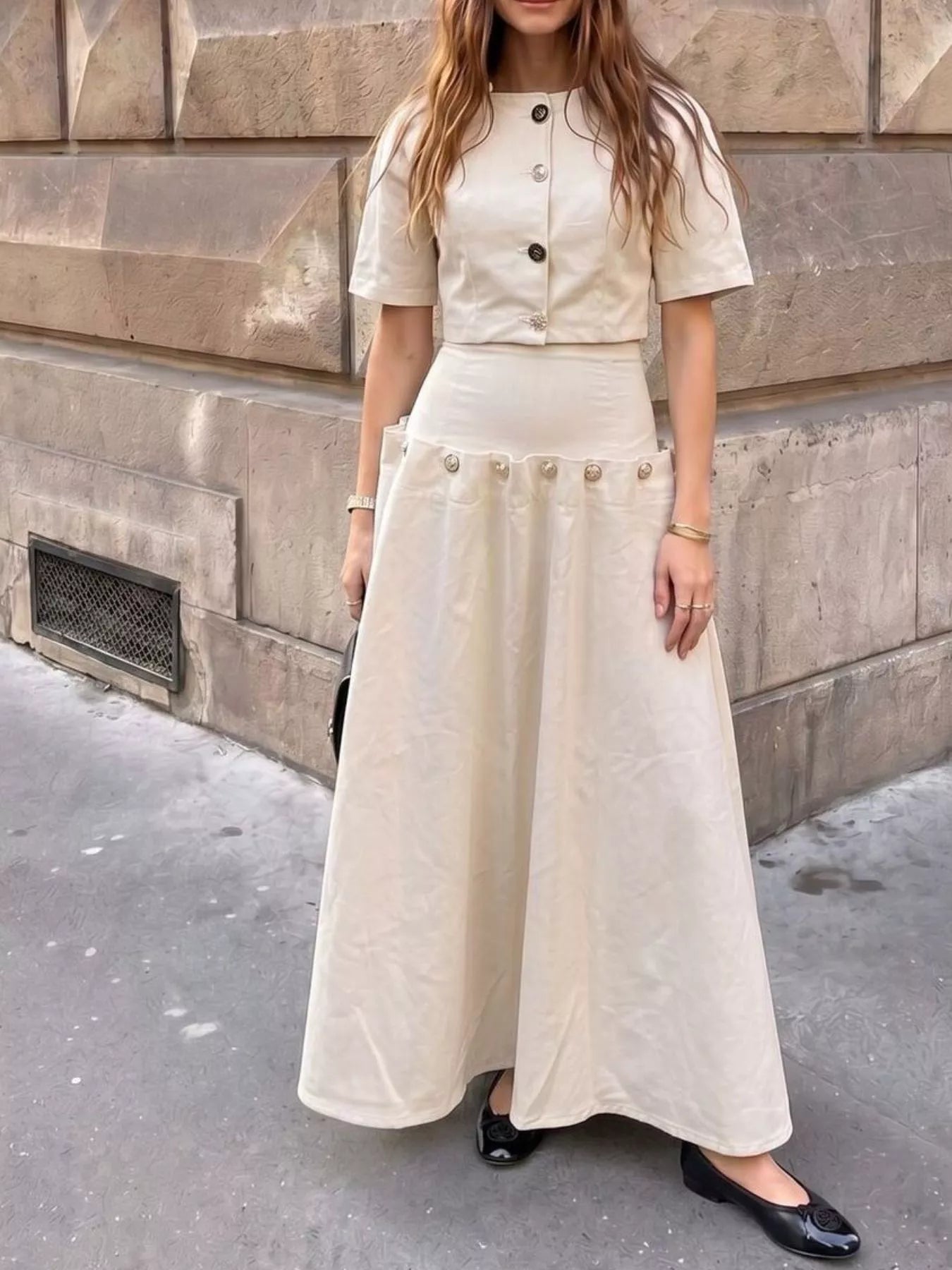 Trendsi Gold Button Top and Skirt Denim Set -
