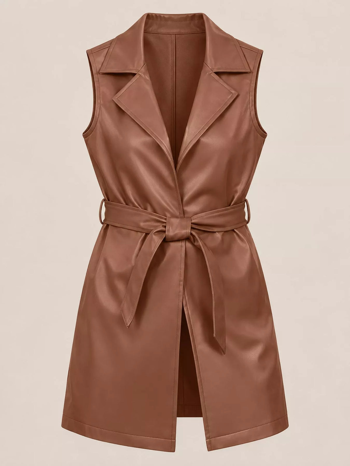 Tie Waist Longline Vest in brown, front view