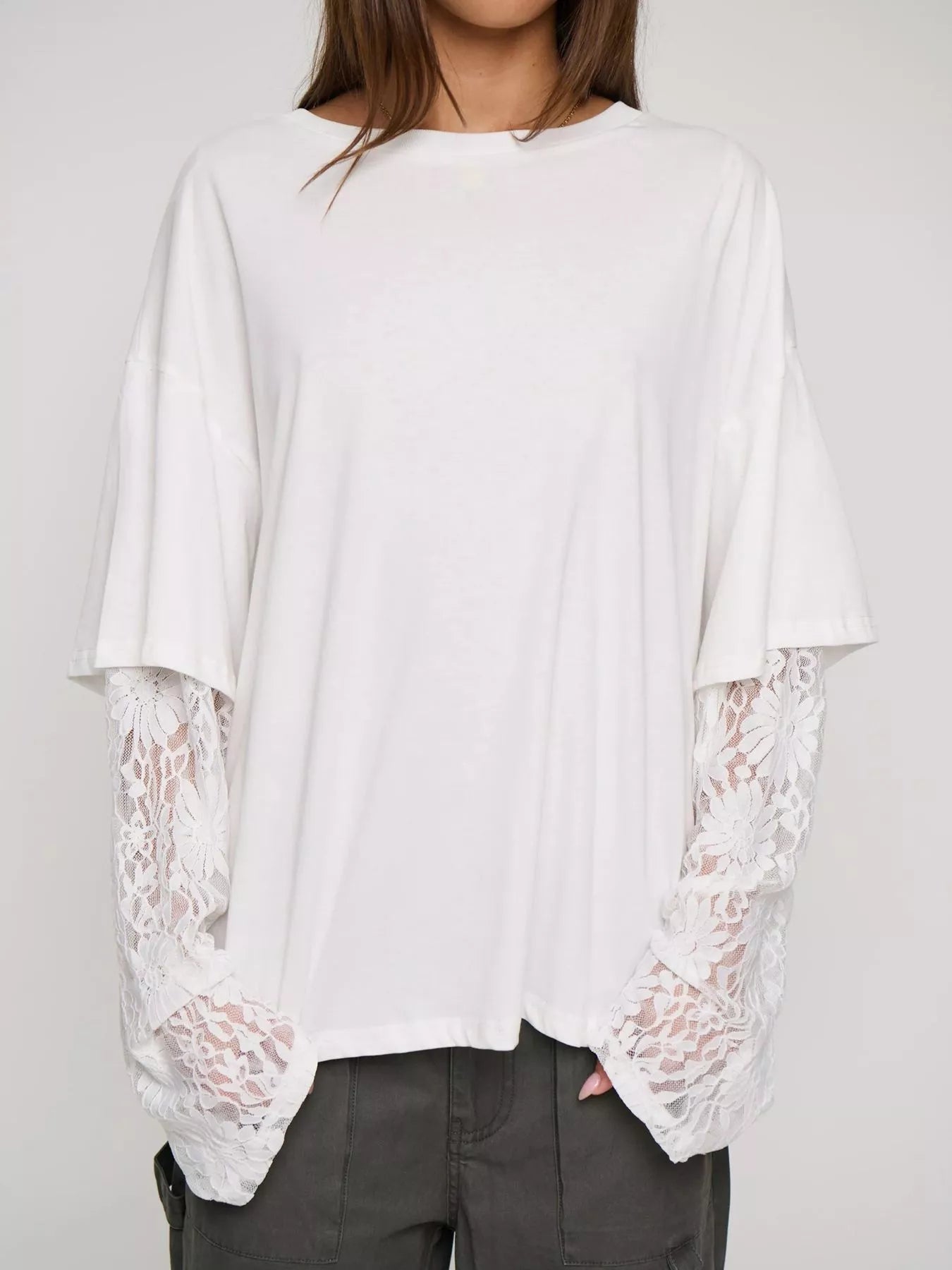 Trendsi Layered Lace-Sleeve T-Shirt -