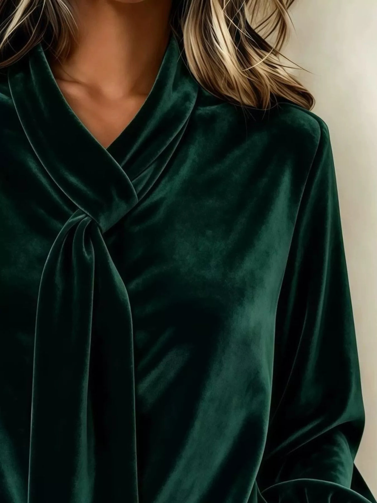 Women's Velvet Tie-Neck Long Sleeve Top in green — neckline detail view
