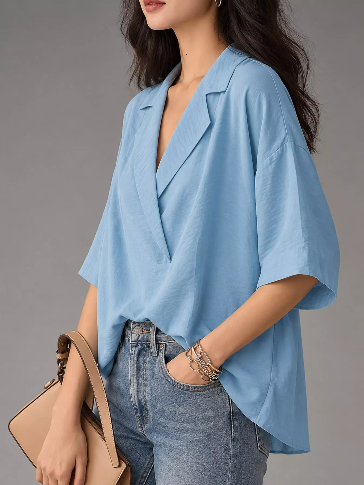 Half-sleeve blouse, blue side