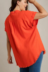 Trendsi Umgee Full Size Linen Blend Button Down Short Folded Sleeve Shirt Plus Size -