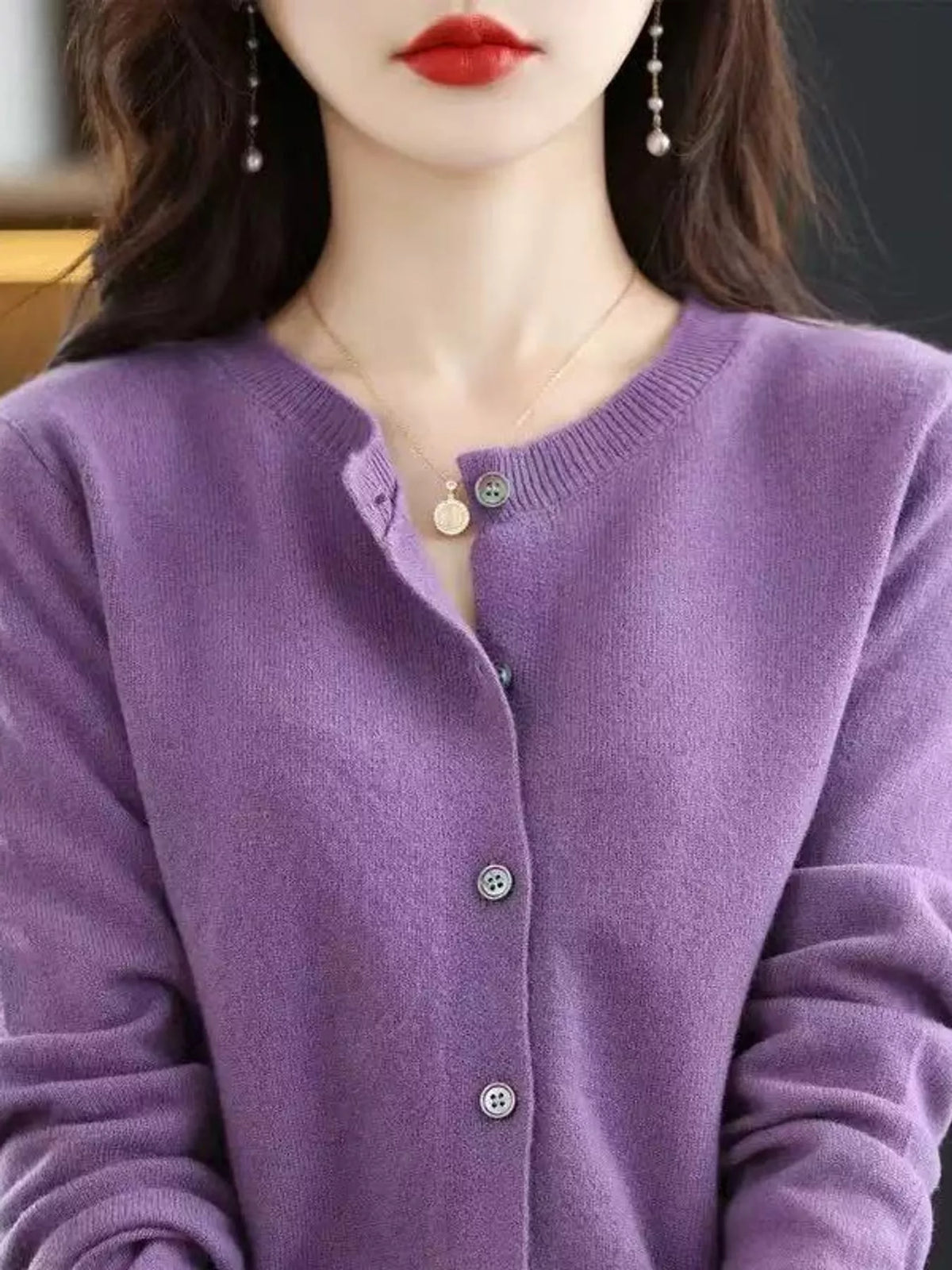 Button-down cardigan, purple front