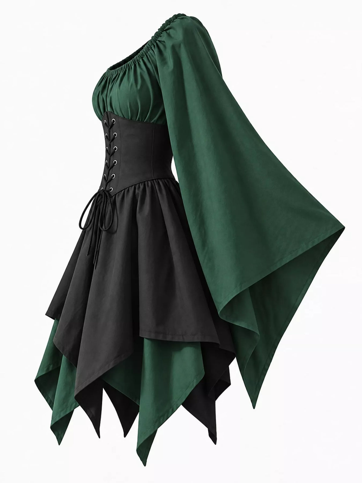 Lace-up asymmetric dress, green black side