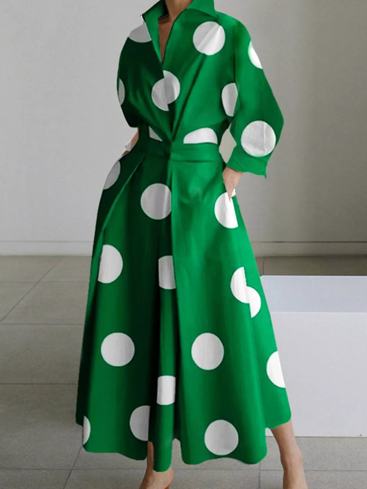 Collared Three-Quarter Sleeve Midi Shirt Dress — front view