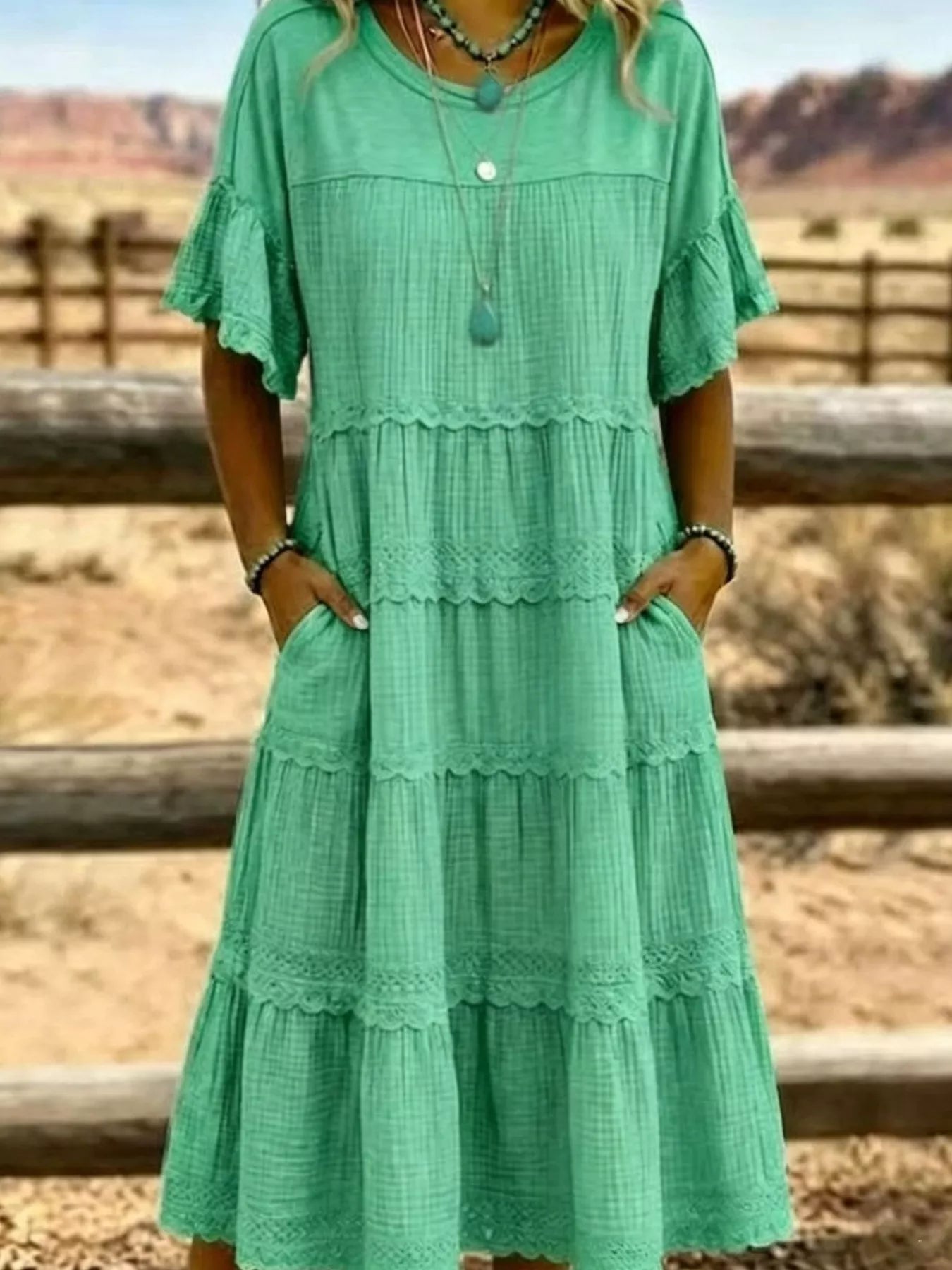Trendsi Full Size Tiered Ruffle Sleeve Midi Dress with Pockets Plus Size -