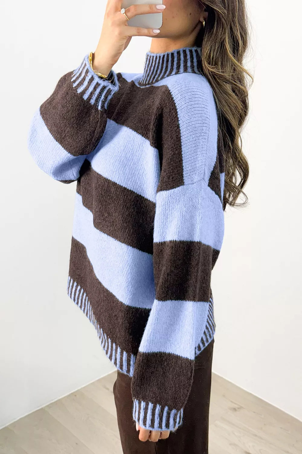 Light Blue Striped Mock Neck Dropped-Shoulder Sweater side view