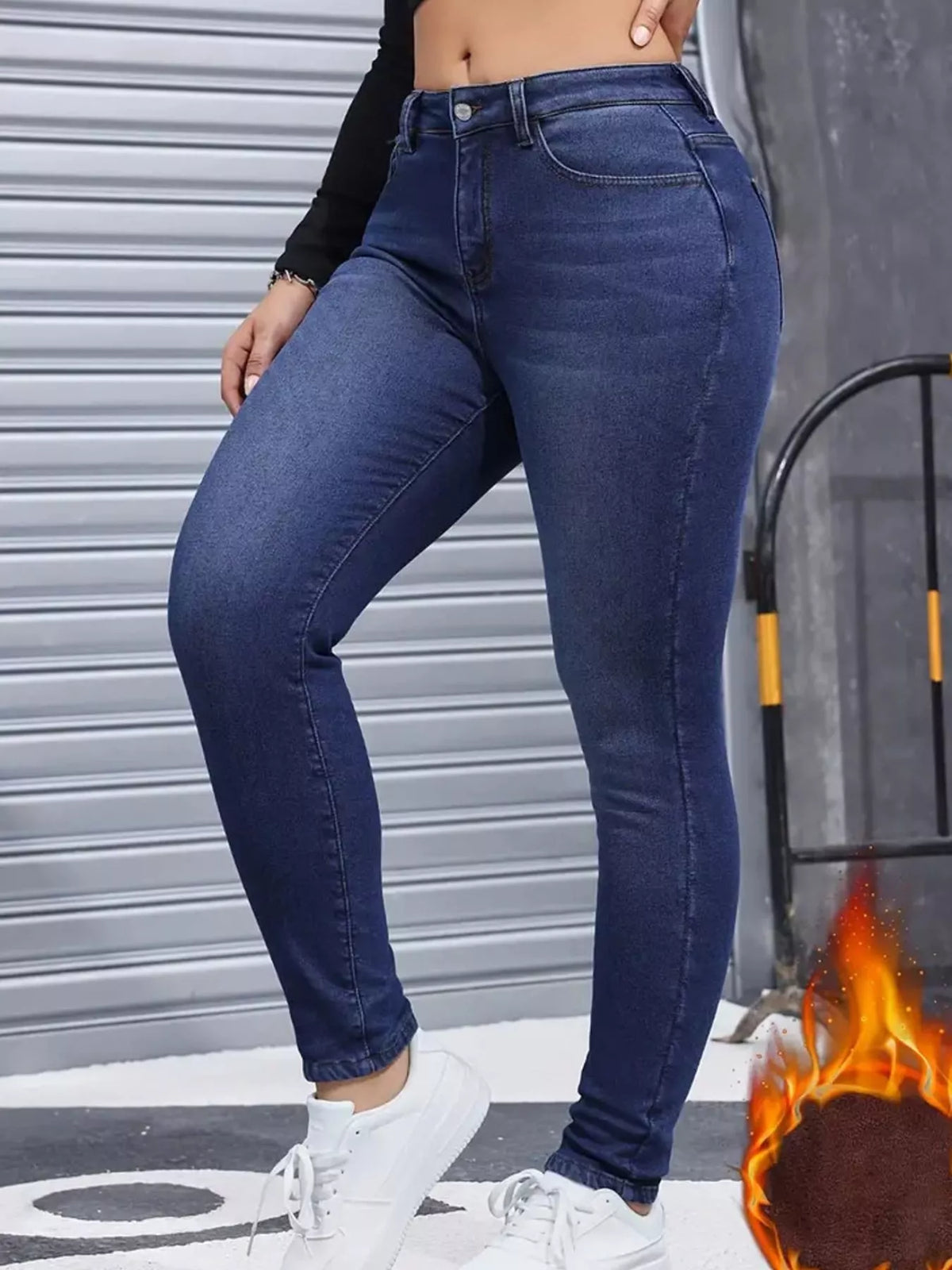 Blue high-waisted fleece-lined skinny jeans