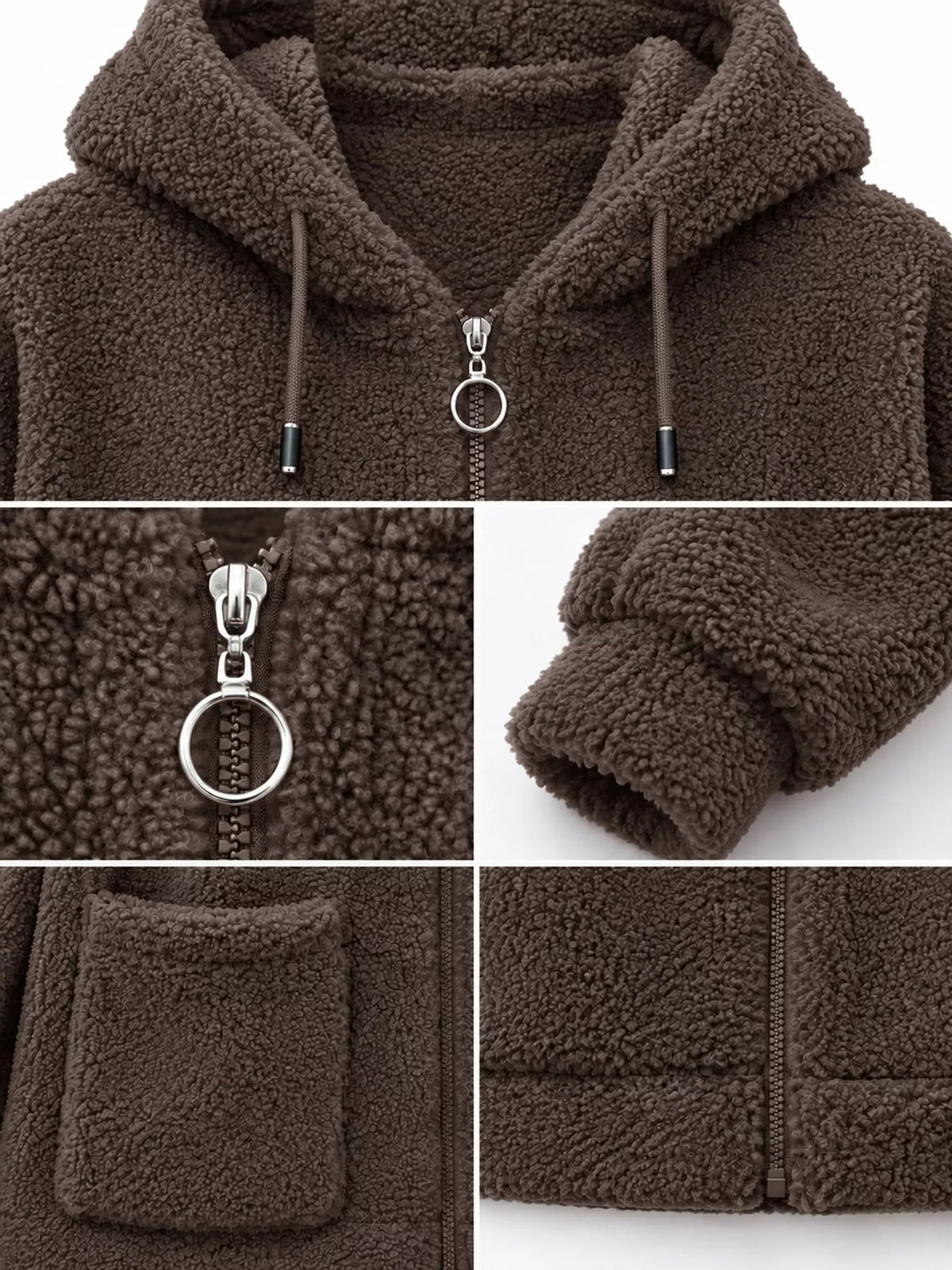 Coffee fleece zip-up hoodie with pockets