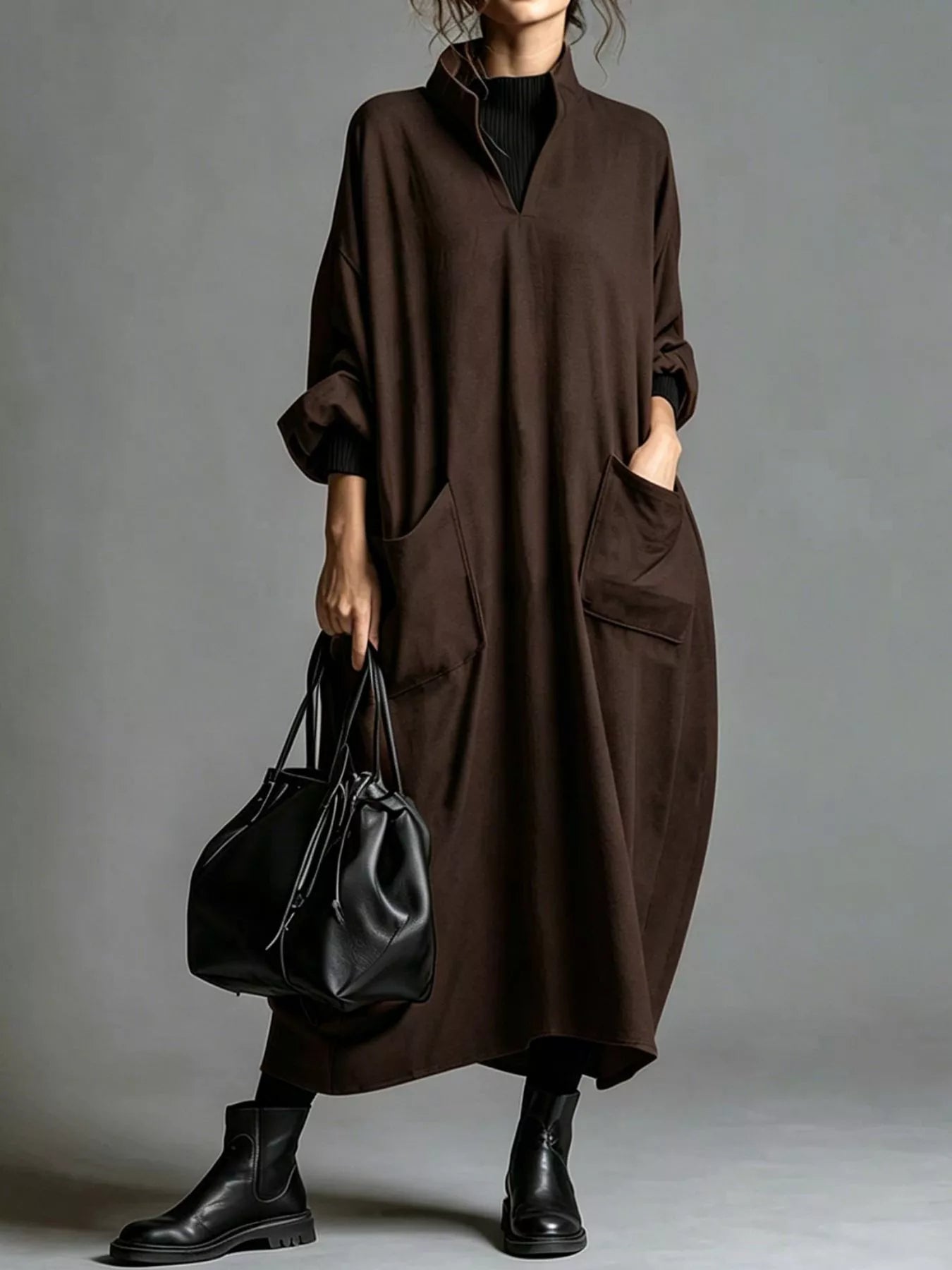 Trendsi Full Size Loose-Fit Mock Neck Midi Dress with Pockets Plus Size -