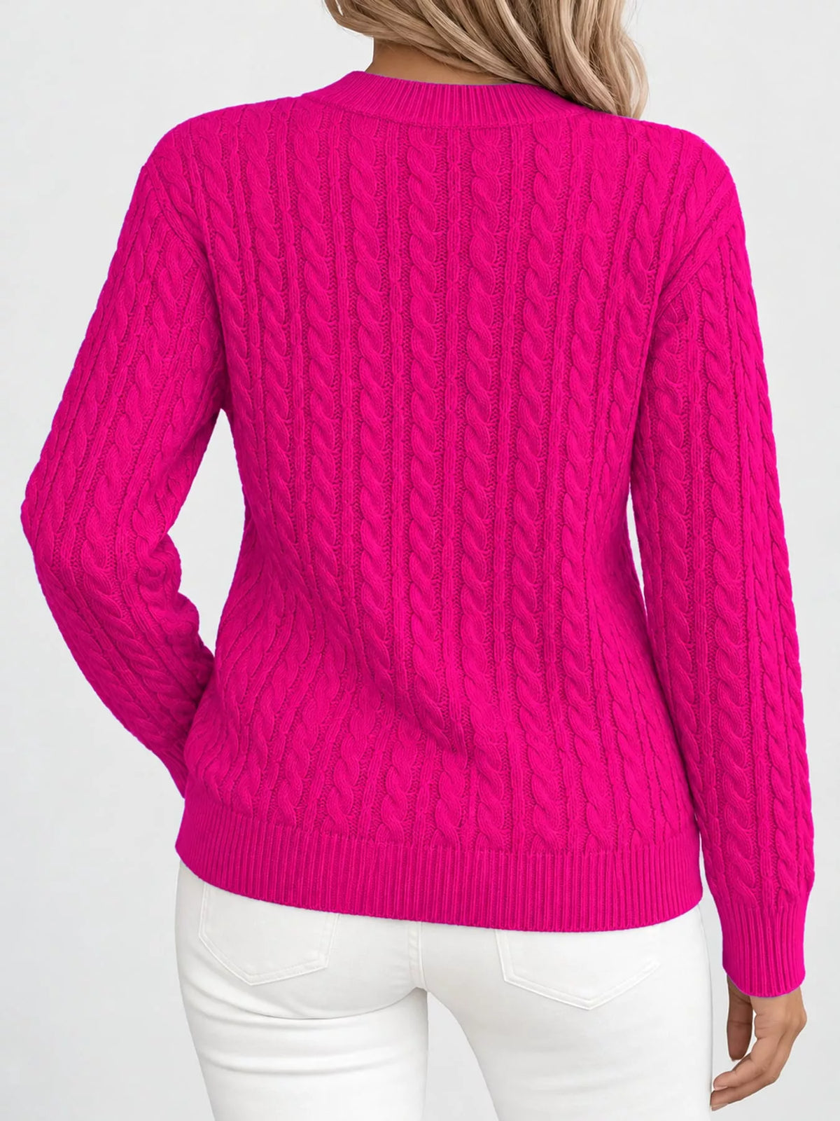 Dark Pink cable knit round neck sweater, back view