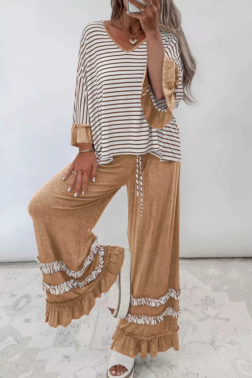 Trendsi Stripe V Neck Ruffle Contrast Sleeve Top Drawstring Pants 2pcs Set -