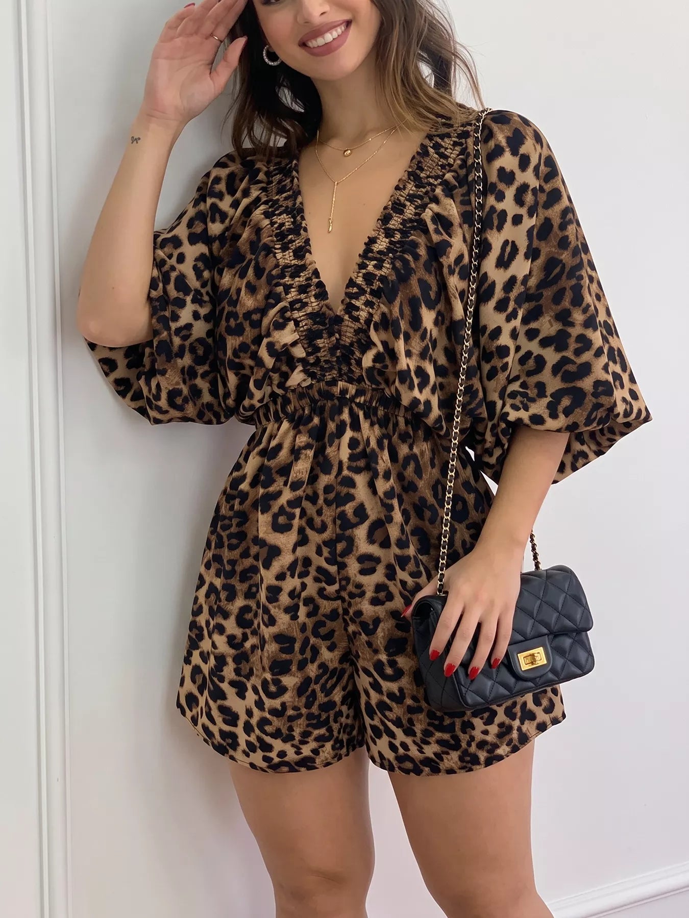 Trendsi V-Neck Leopard Print Puff Sleeve Romper -