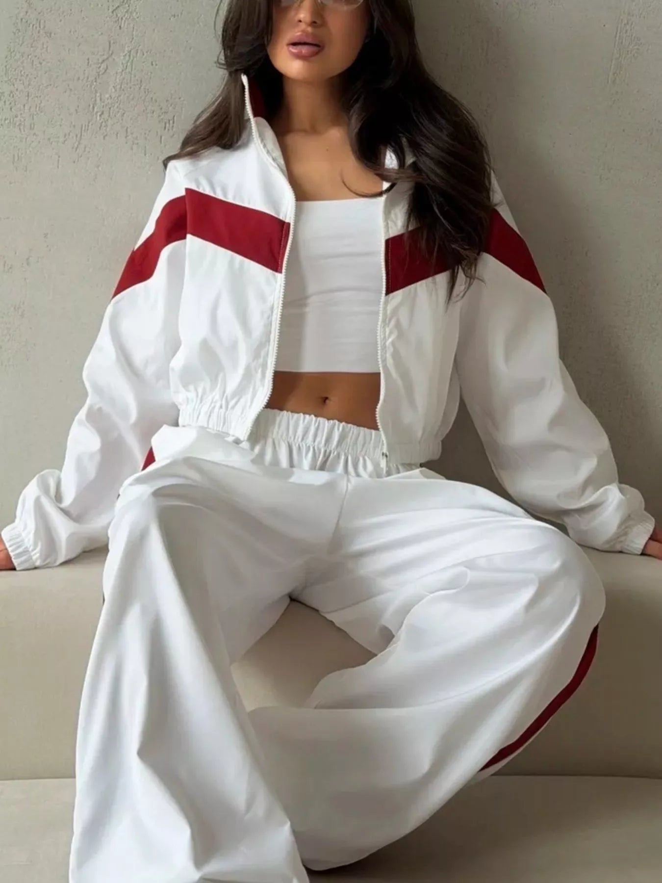 Trendsi Color Block Zip Up Outerwear and Pants Set -