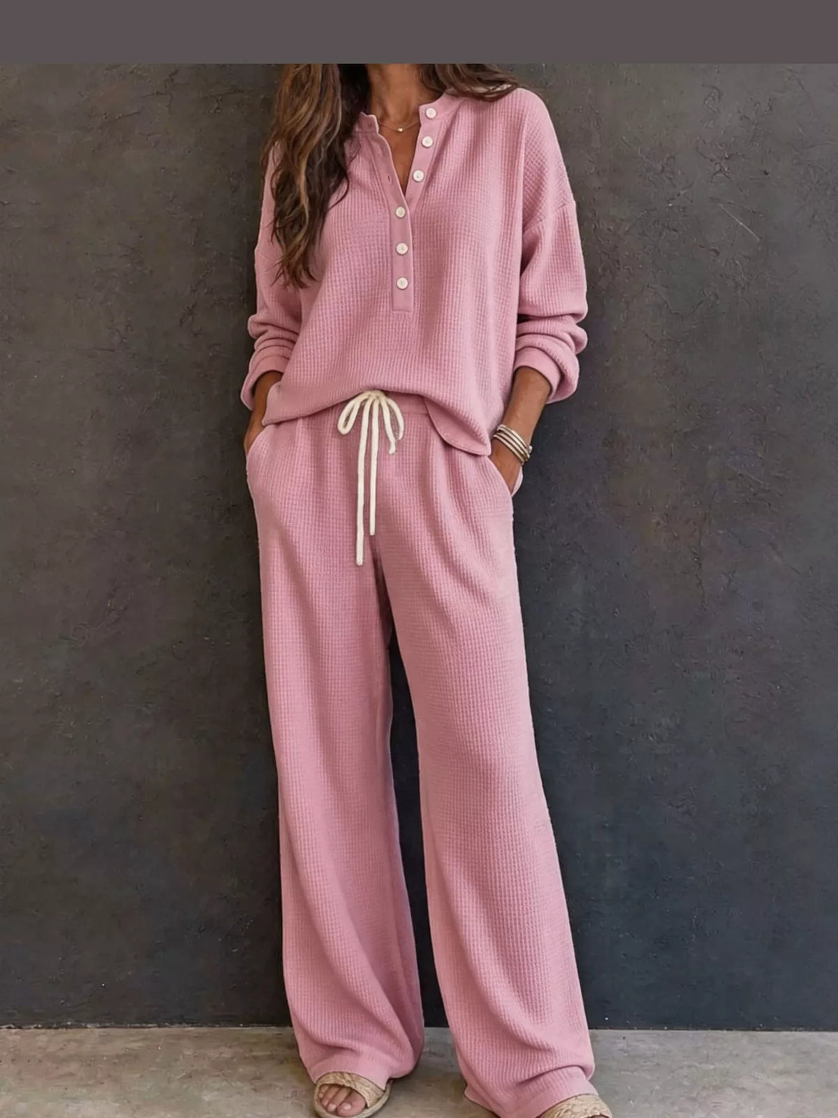 Pink waffle knit button detail top and pants set