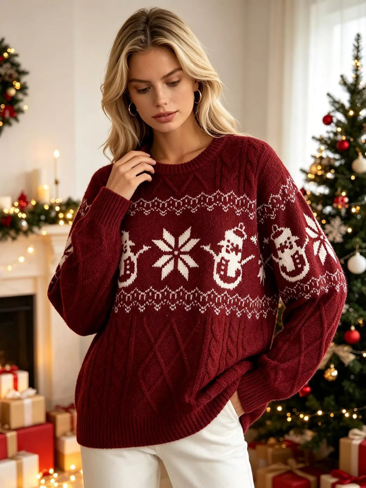Burgundy christmas snowman cable-knit sweater, front with hand at neckline.