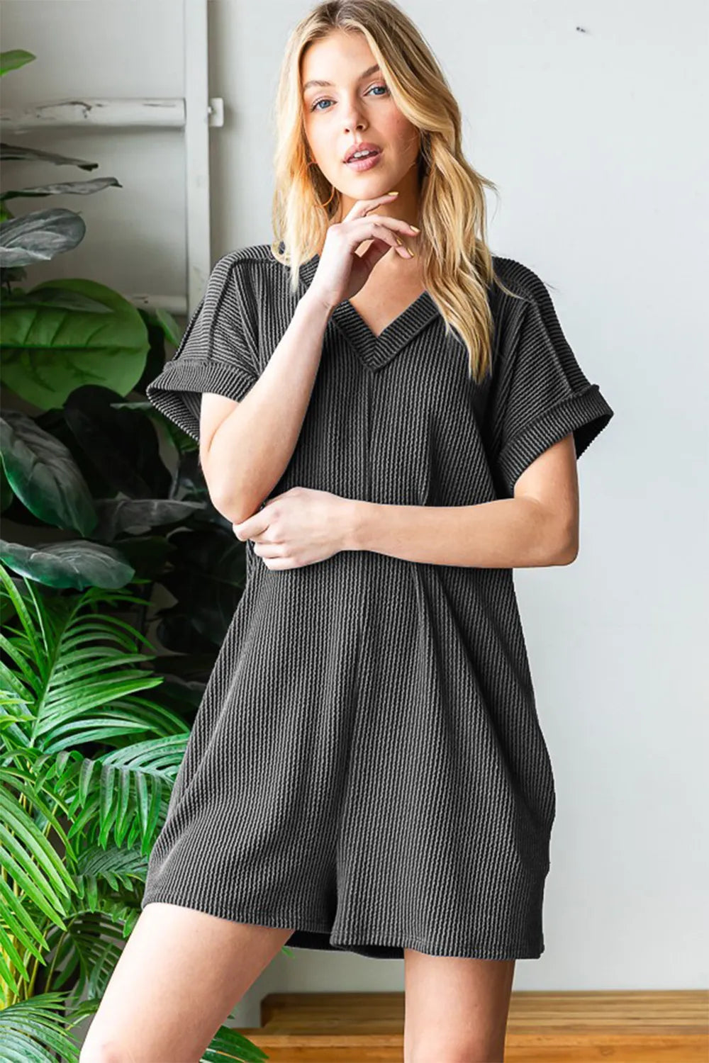 Trendsi Women’s Romper Short Sleeve Ribbed With Pockets Polyester Plus Size - One-Pieces