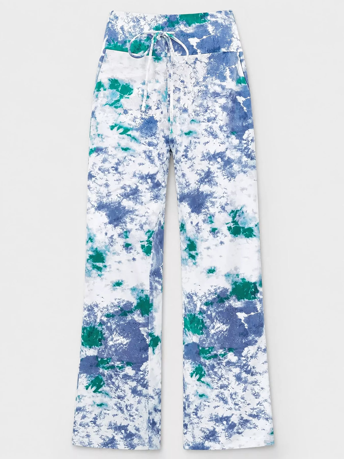 Wide-leg lounge pants, blue-green print flat front