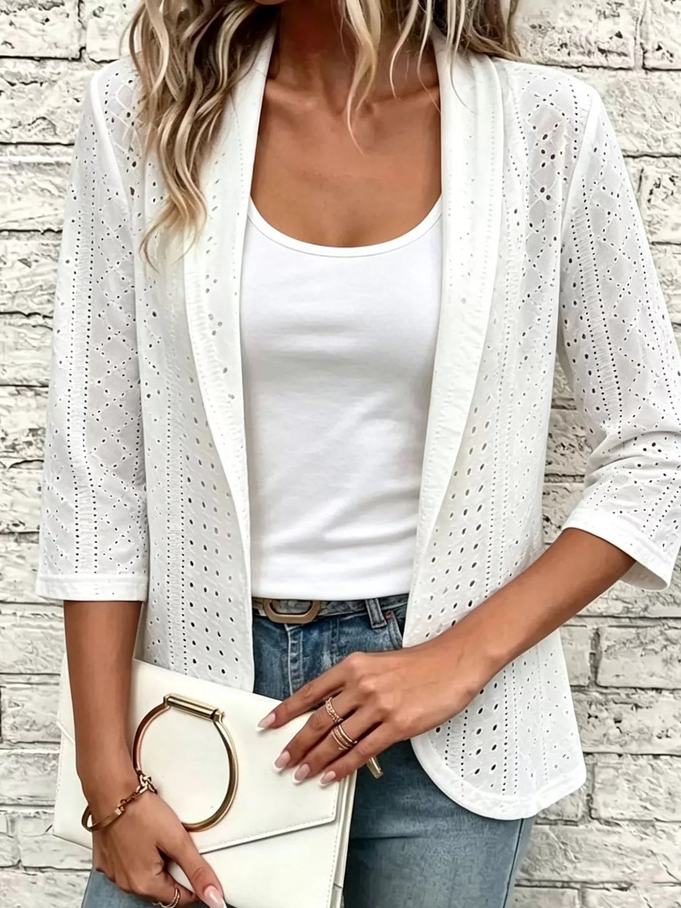 Trendsi Eyelet Open Front Cardigan -