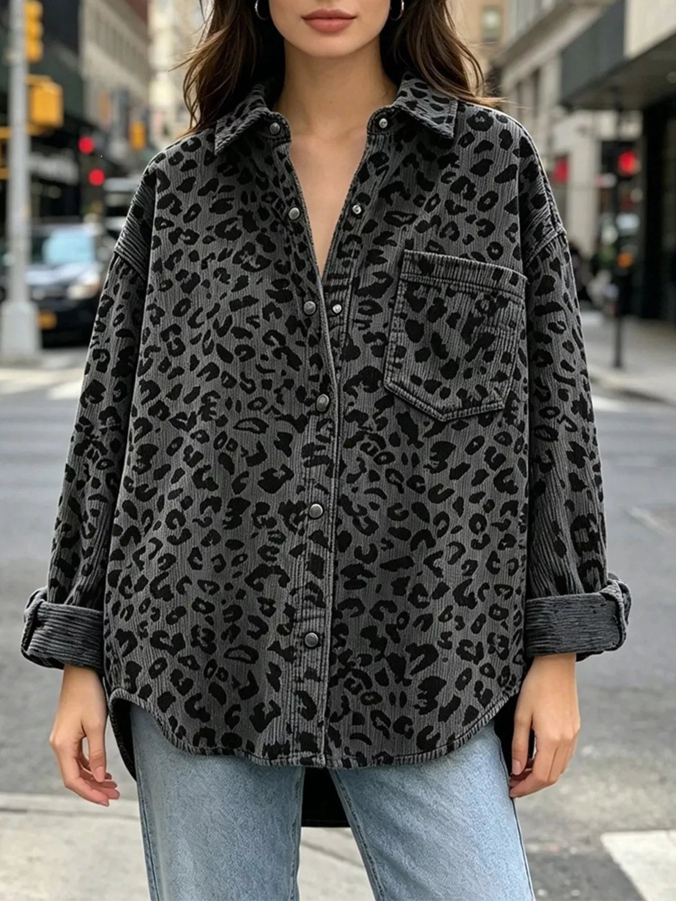 Trendsi Oversized Leopard Corduroy Button-Down Shirt -