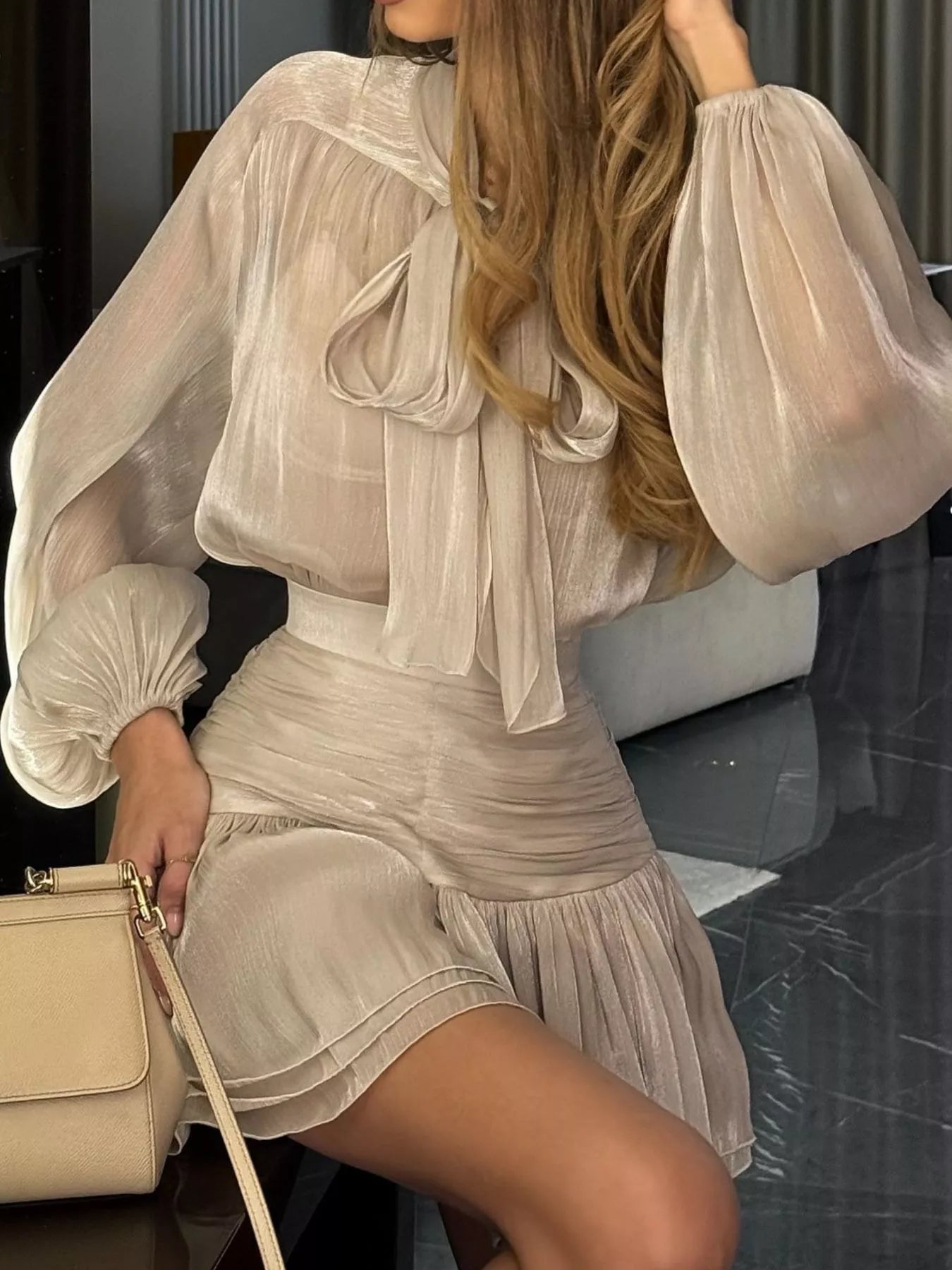 Trendsi Bow-Tie Blouse and Ruffled Mini Skirt Two-Piece Set -