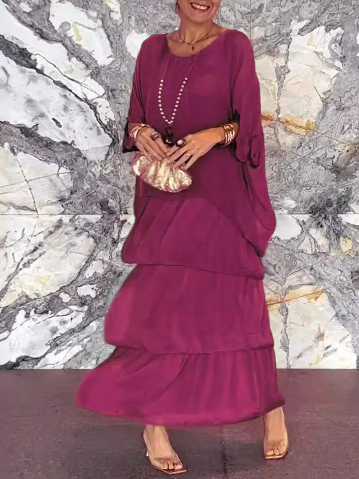 Layered maxi dress, burgundy front