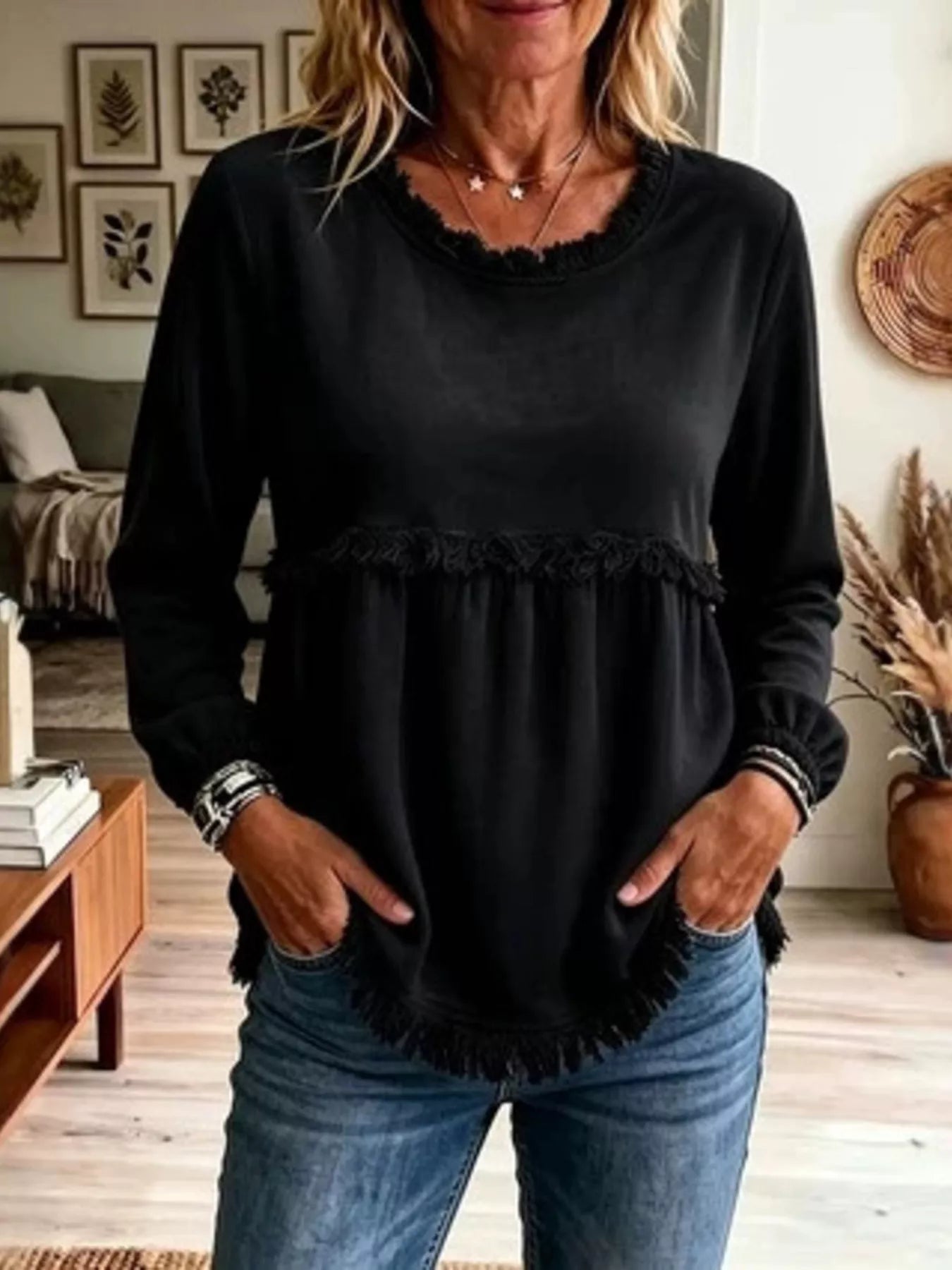 Trendsi Fringed Hem Long Sleeve T-Shirt -